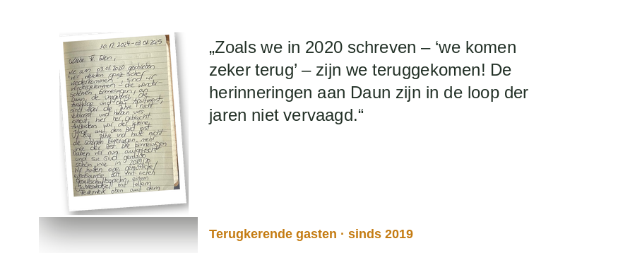 „Wie wir 2020 geschrieben haben – 'wir werden ganz sicher wiederkommen' – sind wir wiedergekommen! Die Erinnerungen an Daun sind über die Jahre nicht verblasst.“ Wiederkehrende gasten · seit 2019
